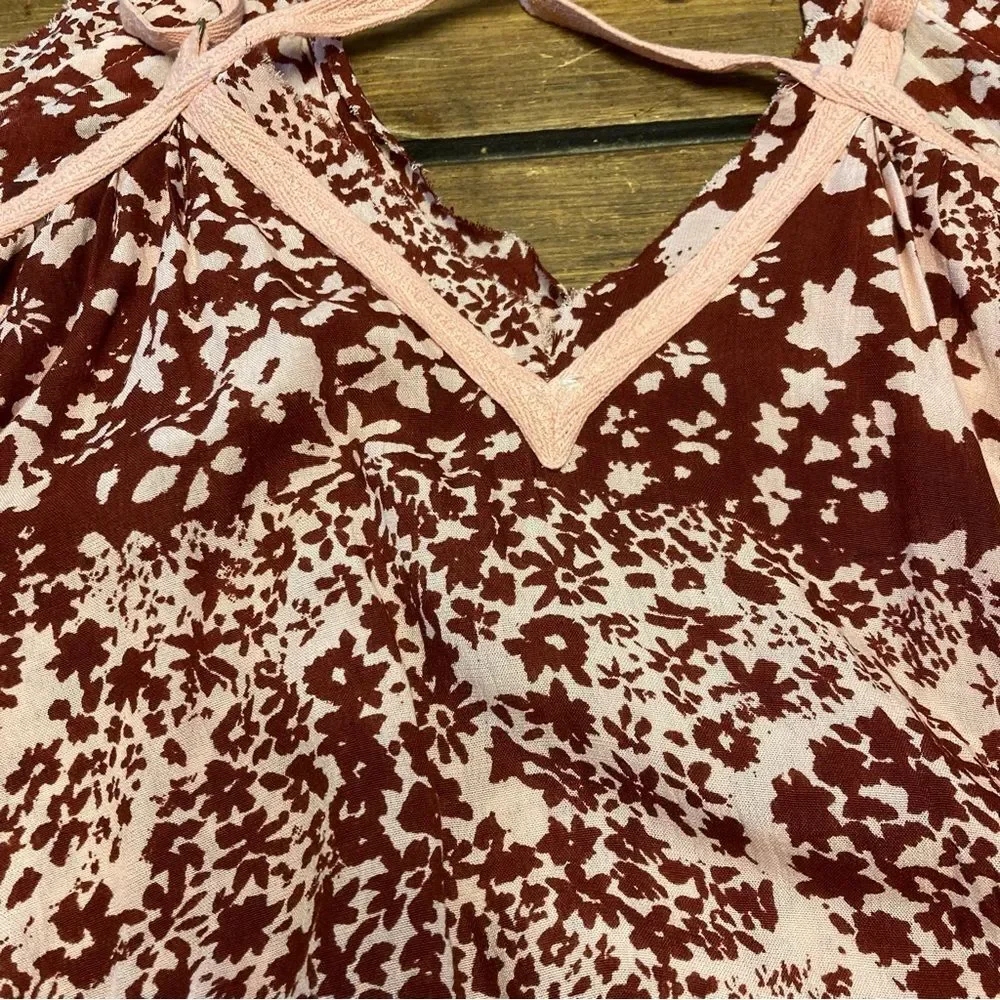 Free People Intimately Red Be Kind Bodysuit Size Medium Pink Floral Ties NWOT